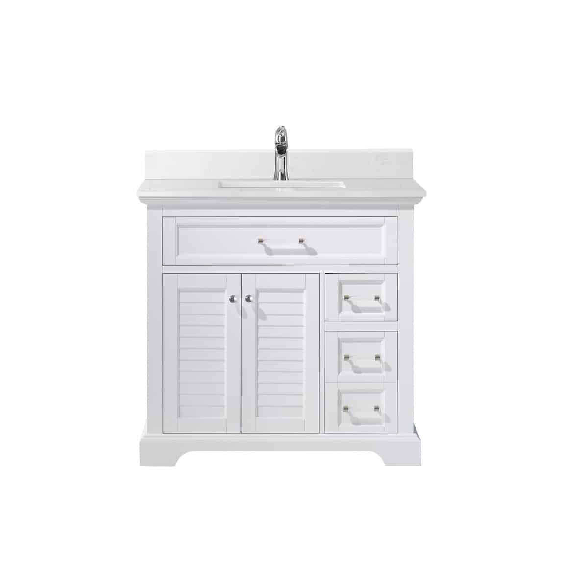 Vinnova Lorna 36 Inch White Freestanding Single Vanity with Composite Carrara White Stone Countertop Without Mirror 783036-WH-WS-NM