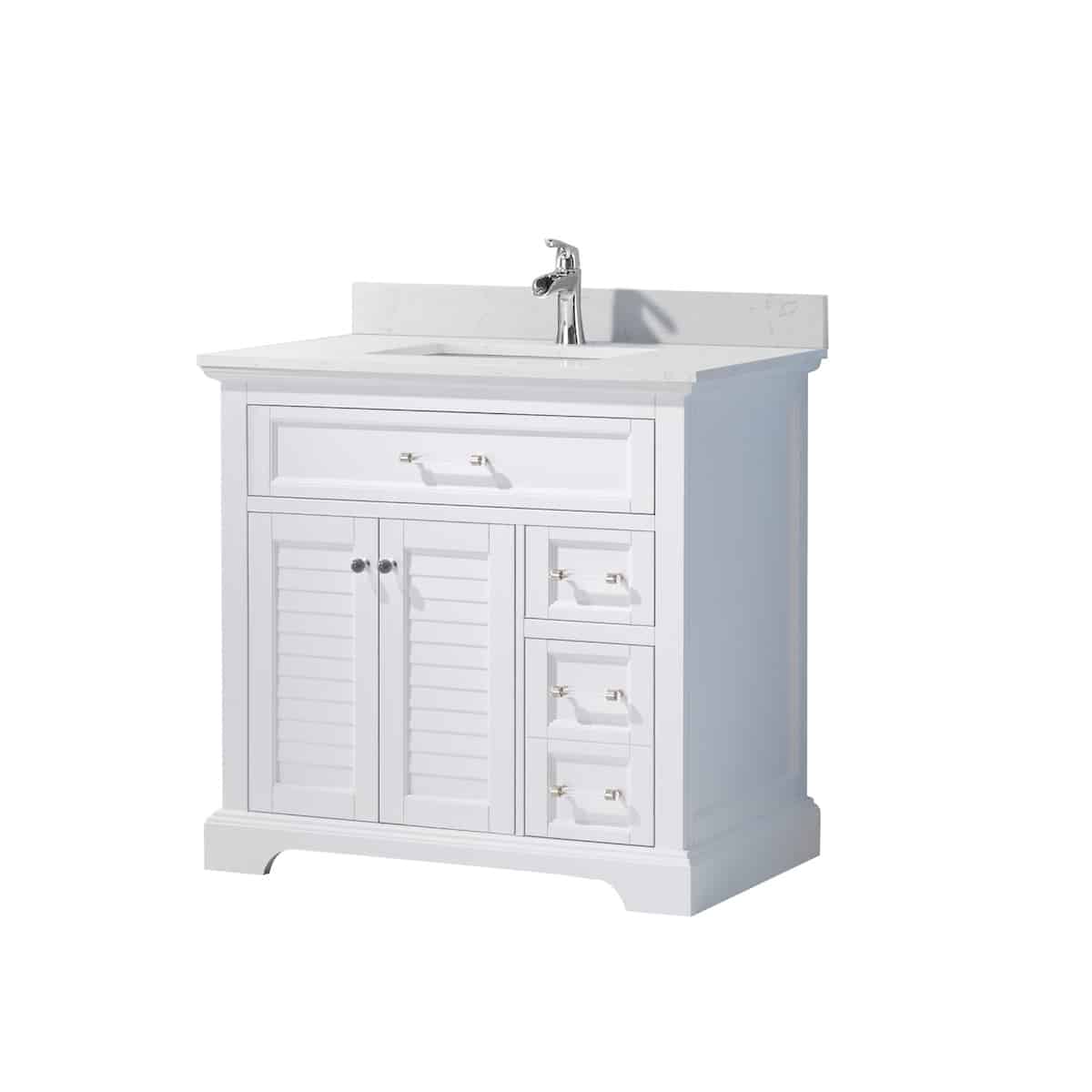 Vinnova Lorna 36 Inch White Freestanding Single Vanity with Composite Carrara White Stone Countertop Without Mirror Side 783036-WH-WS-NM