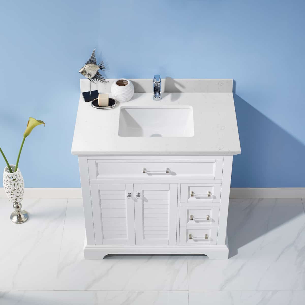 Vinnova Lorna 36 Inch White Freestanding Single Vanity with Composite Carrara White Stone Countertop Without Mirror Top 783036-WH-WS-NM