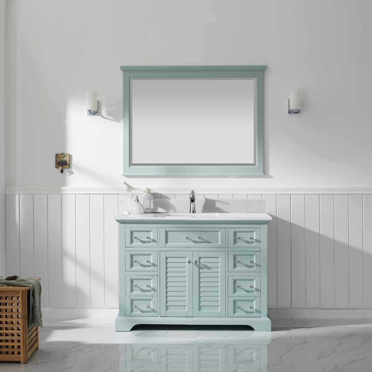 Vinnova Lorna 48 Inch Finnish Green Freestanding Single Vanity with Composite Carrara White Stone Countertop With Mirror in Bathroom 783048-FG-WS
