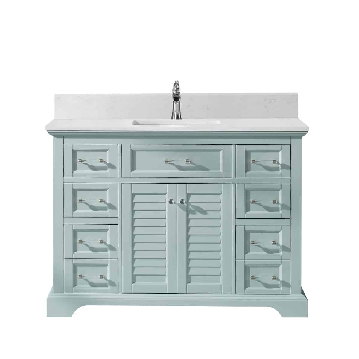 Vinnova Lorna 48 Inch Finnish Green Freestanding Single Vanity with Composite Carrara White Stone Countertop Without Mirror 783048-FG-WS-NM