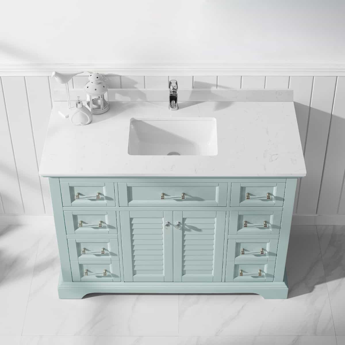 Vinnova Lorna 48 Inch Finnish Green Freestanding Single Vanity with Composite Carrara White Stone Countertop Without Mirror Top 783048-FG-WS-NM