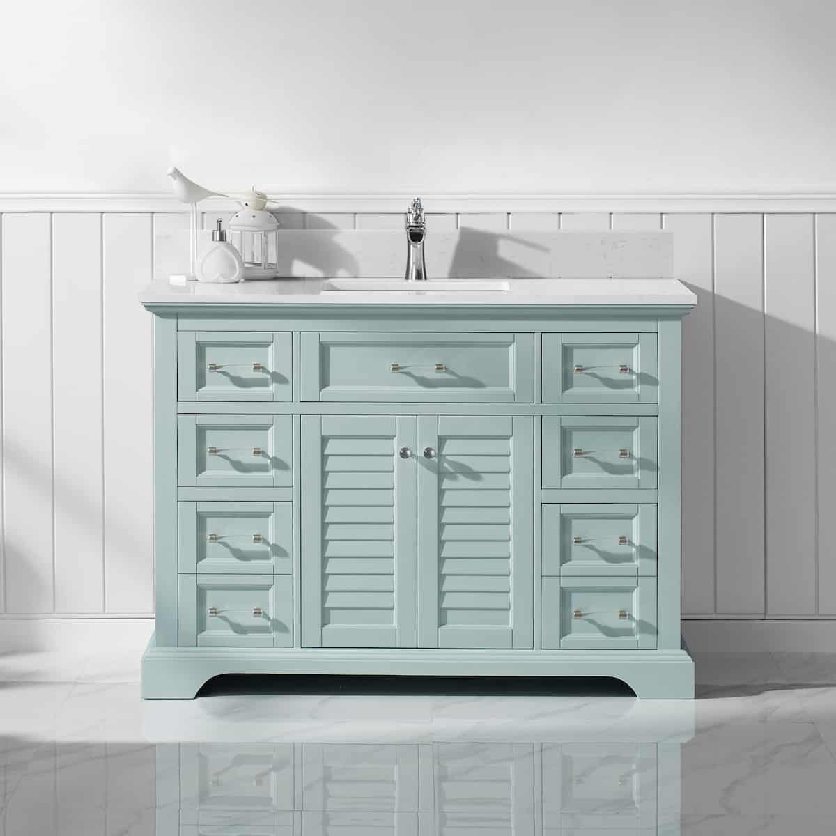 Vinnova Lorna 48 Inch Finnish Green Freestanding Single Vanity with Composite Carrara White Stone Countertop Without Mirror in Bathroom 783048-FG-WS-NM
