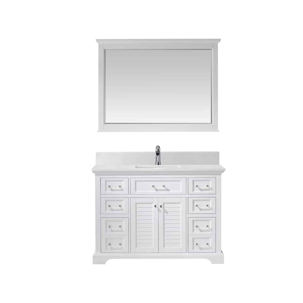 Vinnova Lorna 48 Inch White Freestanding Single Vanity with Composite Carrara White Stone Countertop With Mirror 783048-WH-WS