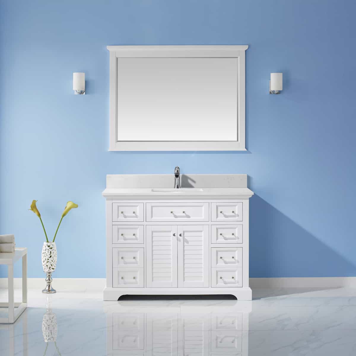 Vinnova Lorna 48 Inch White Freestanding Single Vanity with Composite Carrara White Stone Countertop With Mirror in Bathroom 783048-WH-WS