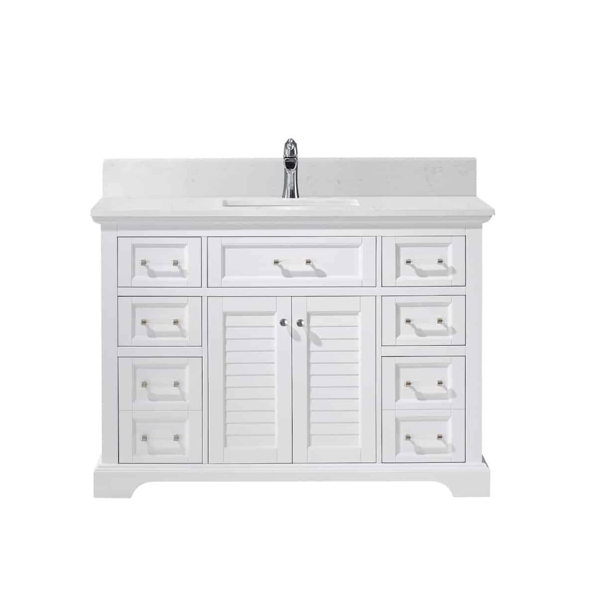 Vinnova Lorna 48 Inch White Freestanding Single Vanity with Composite Carrara White Stone Countertop Without Mirror 783048-WH-WS-NM