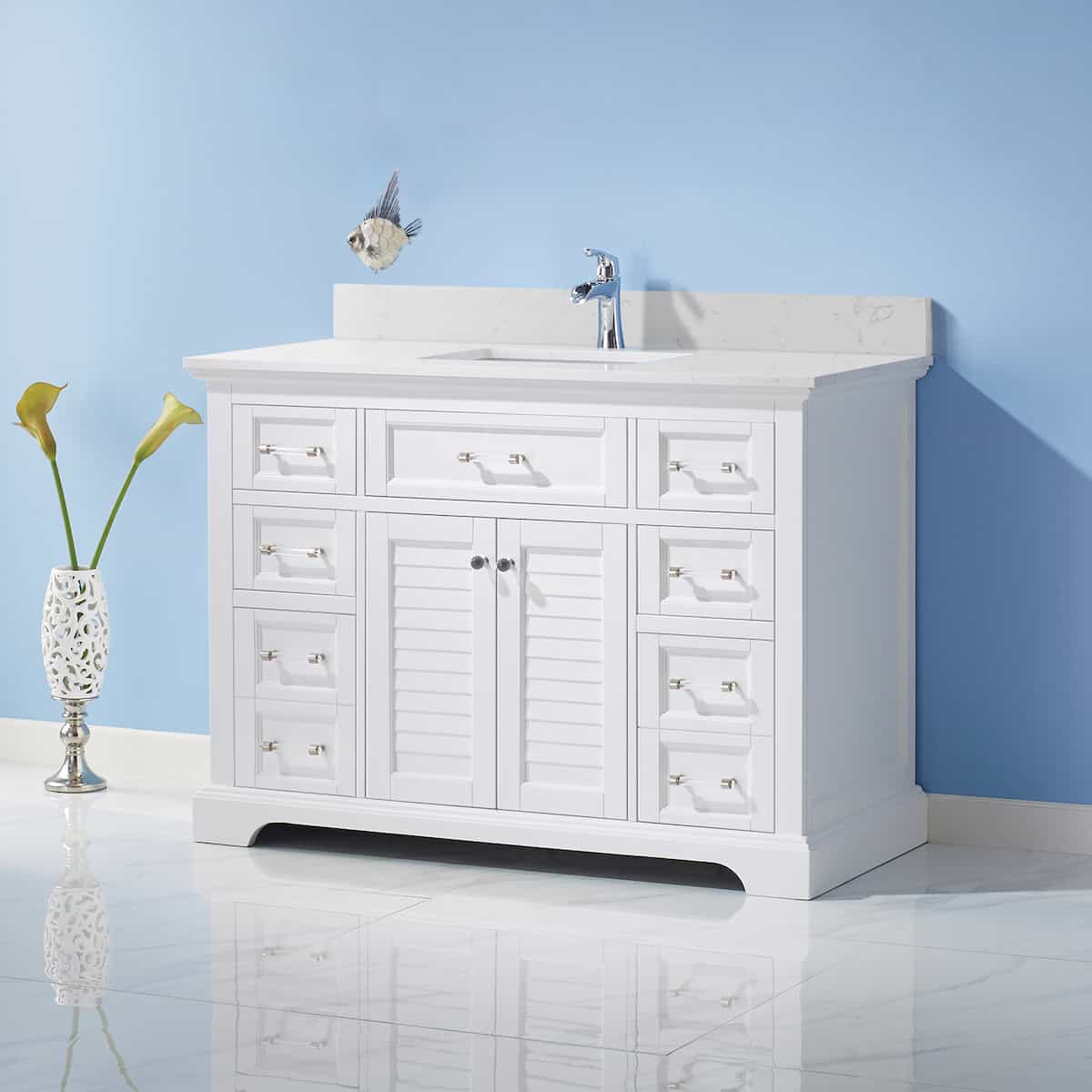 Vinnova Lorna 48 Inch White Freestanding Single Vanity with Composite Carrara White Stone Countertop Without Mirror Side 783048-WH-WS-NM