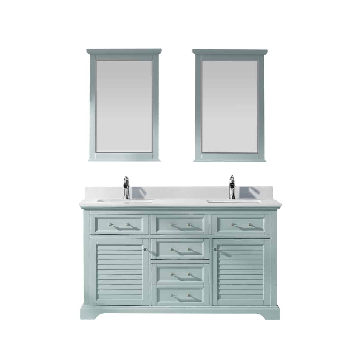 Vinnova Lorna 60 Inch Finnish Green Freestanding Double Vanity With Composite Carrara White Stone Countertop With Mirror 783060-FG-WS