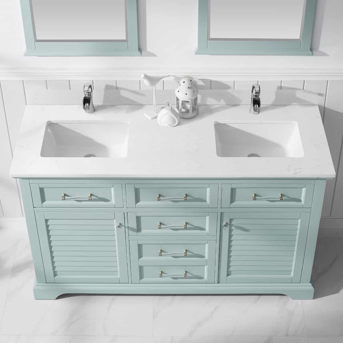 Vinnova Lorna 60 Inch Finnish Green Freestanding Double Vanity With Composite Carrara White Stone Countertop With Mirror Counter 783060-FG-WS