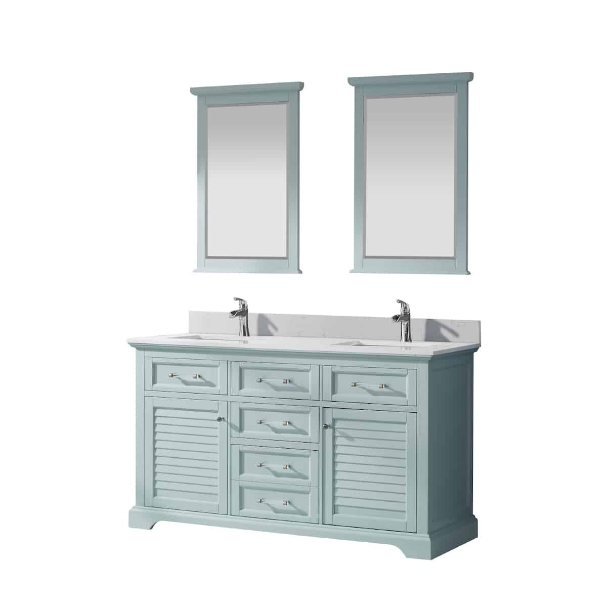 Vinnova Lorna 60 Inch Finnish Green Freestanding Double Vanity With Composite Carrara White Stone Countertop With Mirror Side 783060-FG-WS