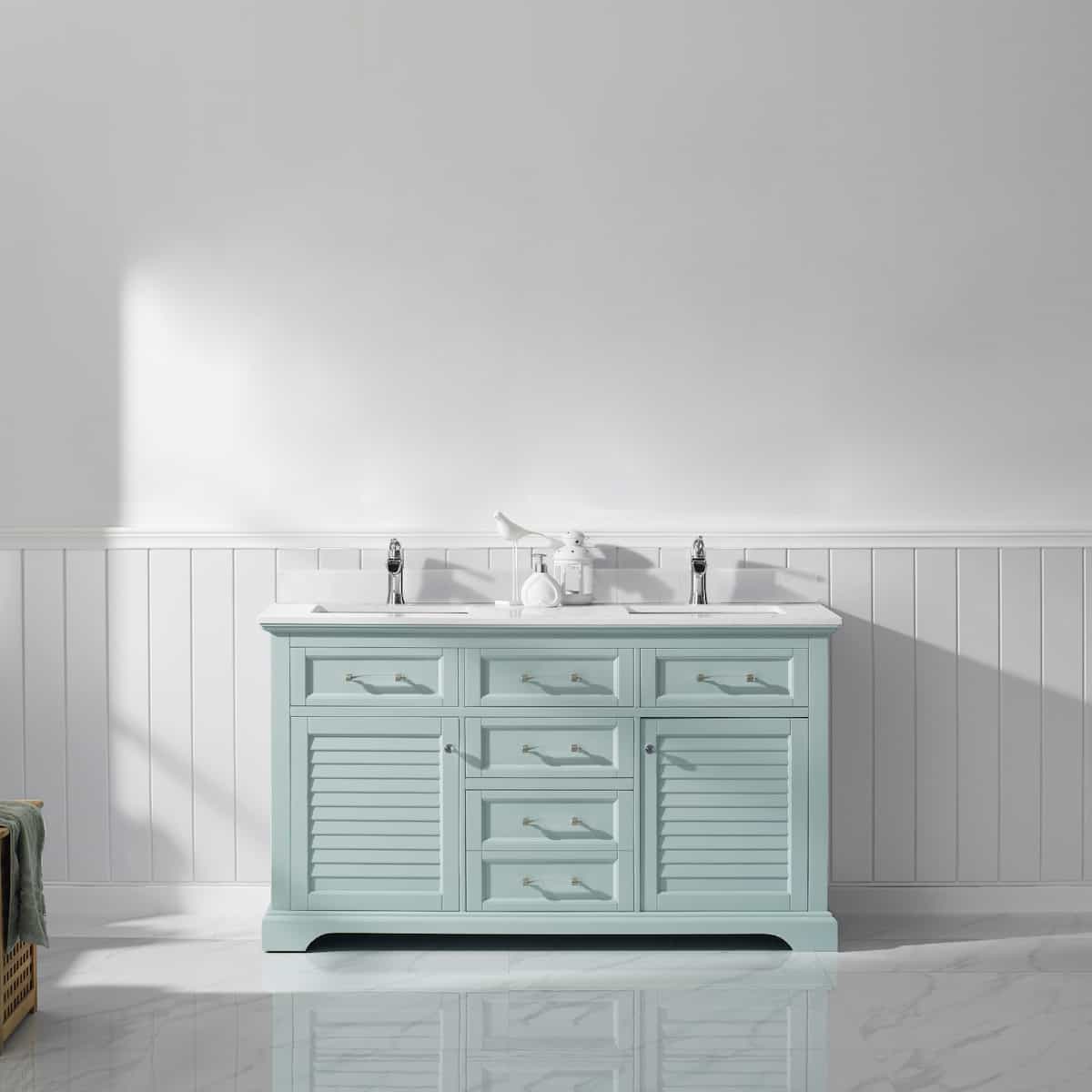 Vinnova Lorna 60 Inch Finnish Green Freestanding Double Vanity With Composite Carrara White Stone Countertop Without Mirror in Bathroom 783060-FG-WS-NM