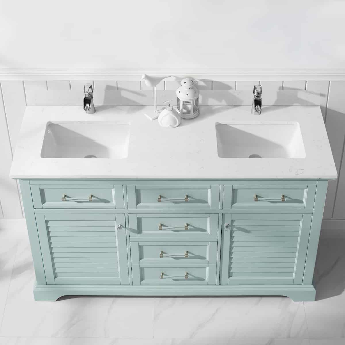 Vinnova Lorna 60 Inch Finnish Green Freestanding Double Vanity With Composite Carrara White Stone Countertop Without Mirror Counter 783060-FG-WS-NM