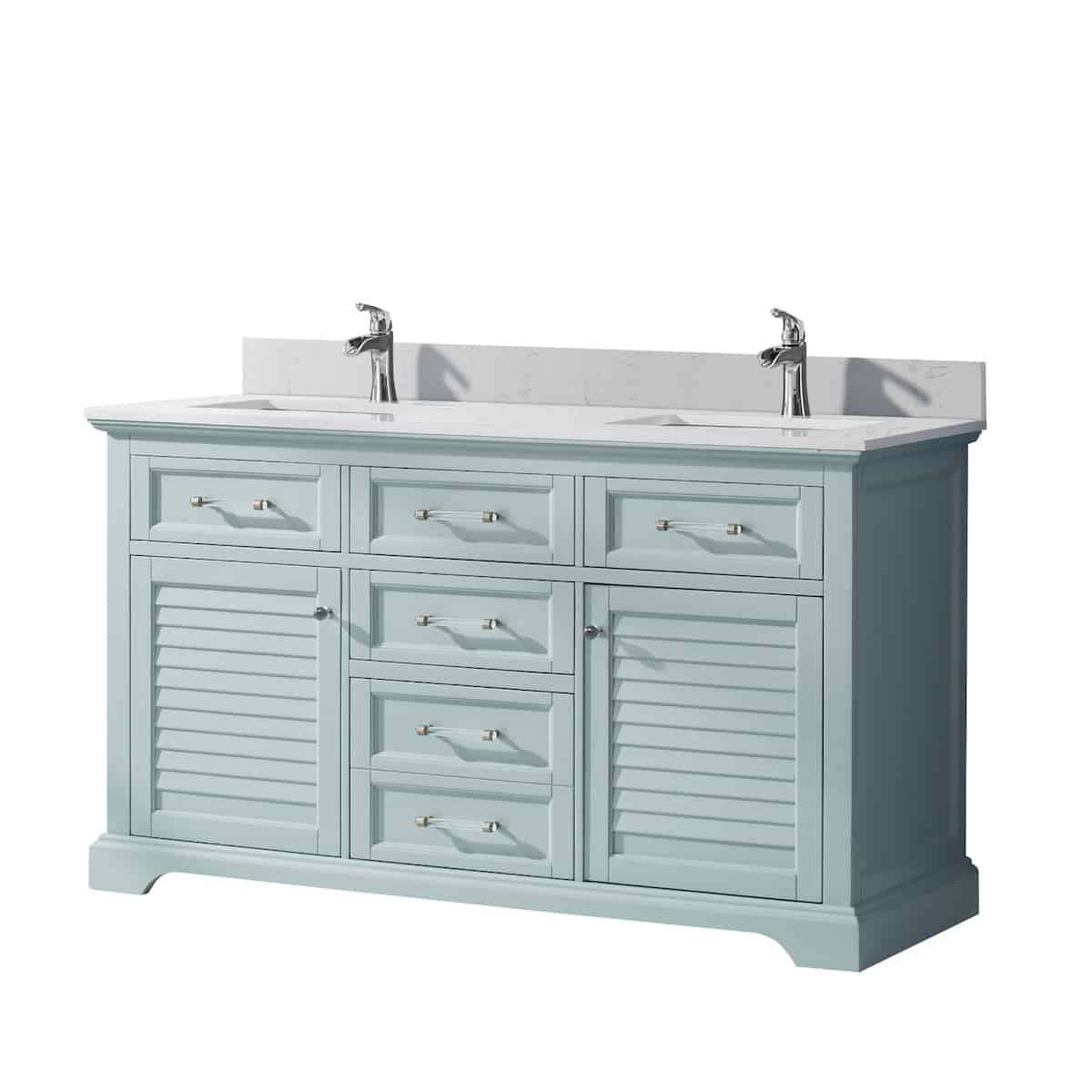Vinnova Lorna 60 Inch Finnish Green Freestanding Double Vanity With Composite Carrara White Stone Countertop Without Mirror Side 783060-FG-WS-NM