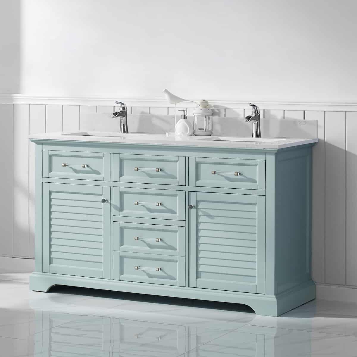 Vinnova Lorna 60 Inch Finnish Green Freestanding Double Vanity With Composite Carrara White Stone Countertop Without Mirror Side 783060-FG-WS-NM