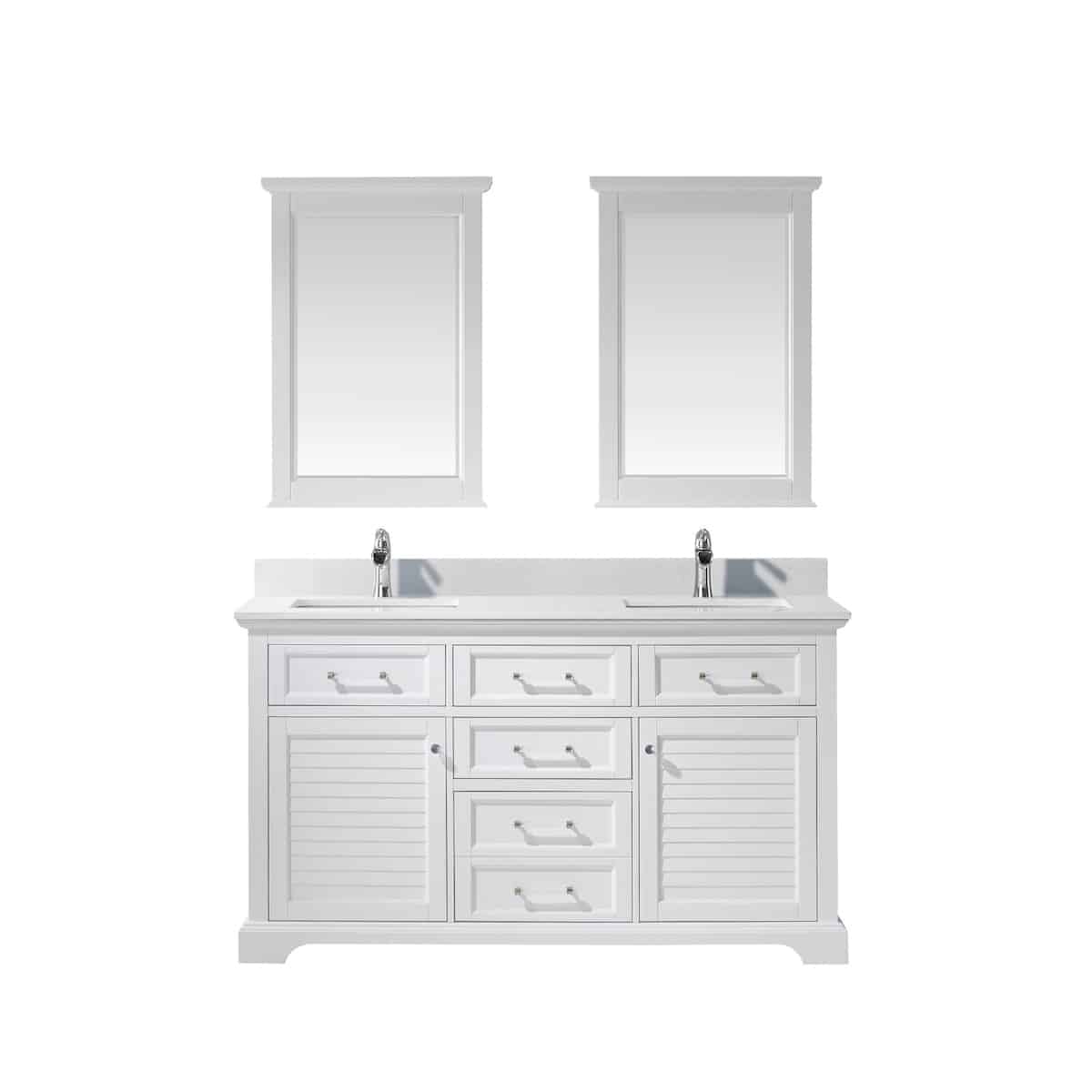 Vinnova Lorna 60 Inch White Freestanding Double Vanity With Composite Carrara White Stone Countertop With Mirror 783060-WH-WS