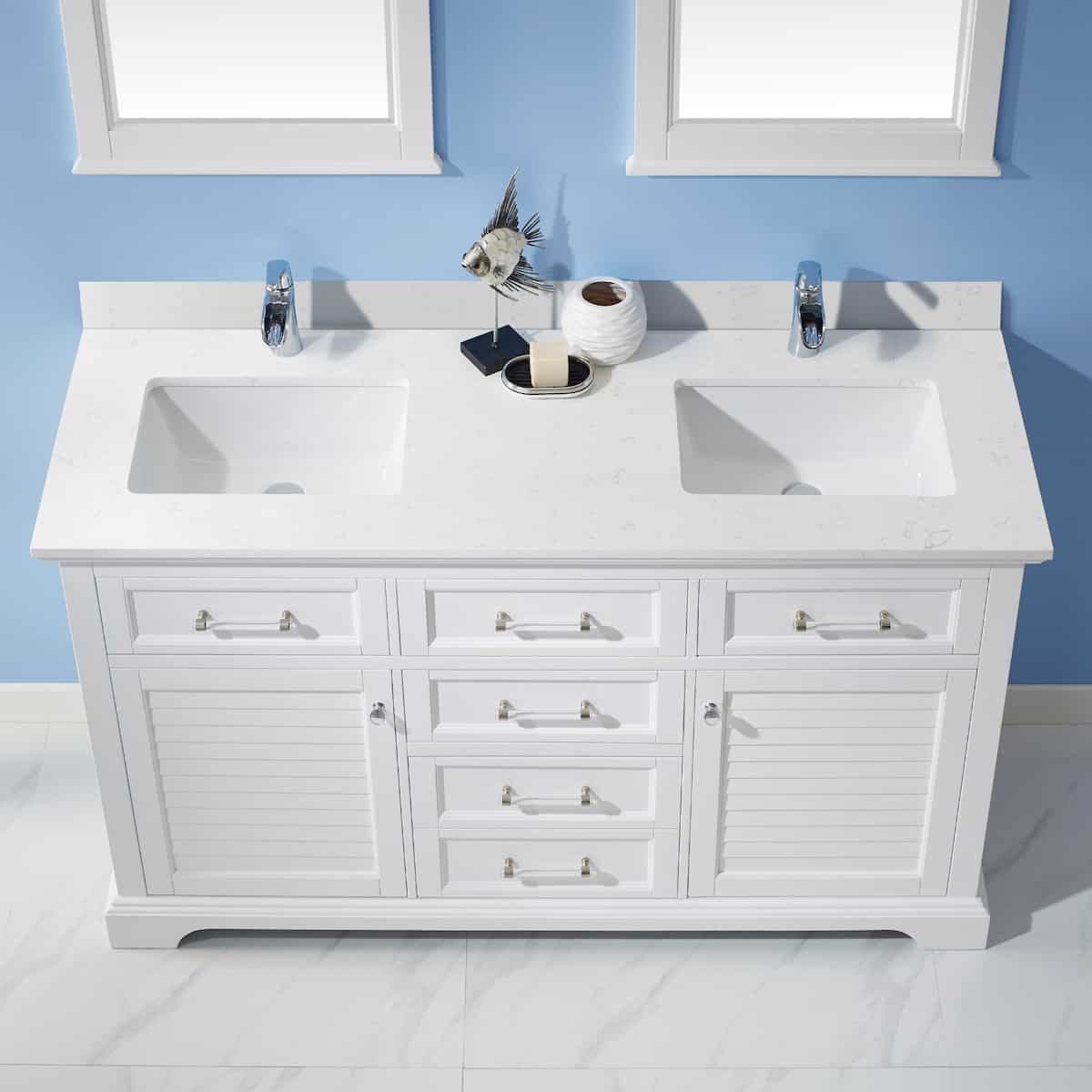 Vinnova Lorna 60 Inch White Freestanding Double Vanity With Composite Carrara White Stone Countertop With Mirror Counter 783060-WH-WS