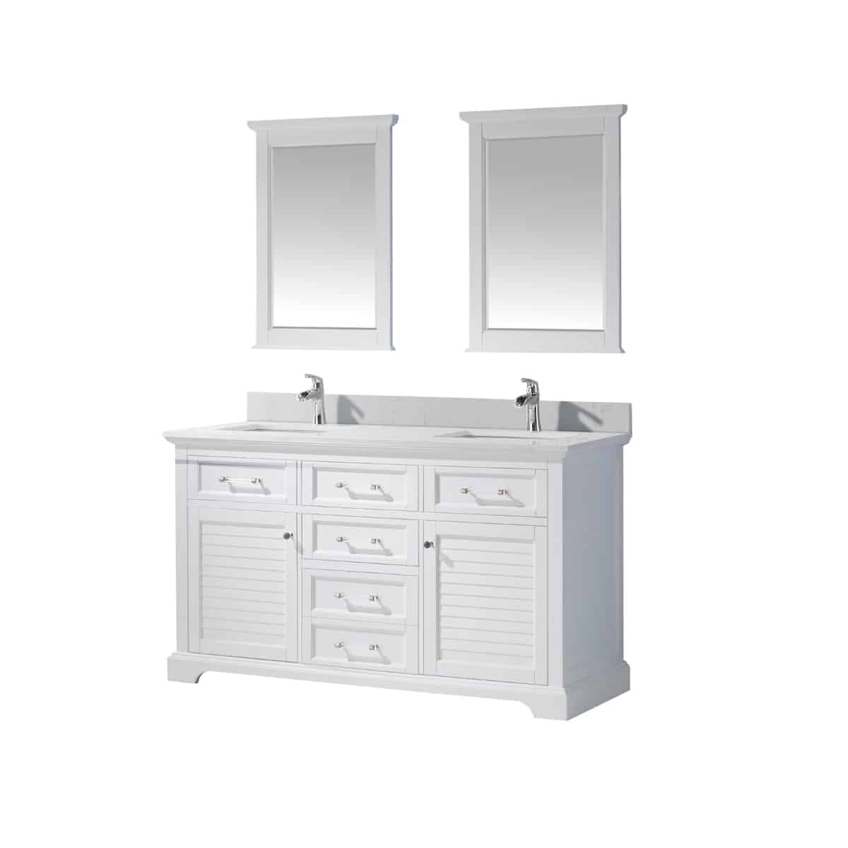Vinnova Lorna 60 Inch White Freestanding Double Vanity With Composite Carrara White Stone Countertop With Mirror Side 783060-WH-WS