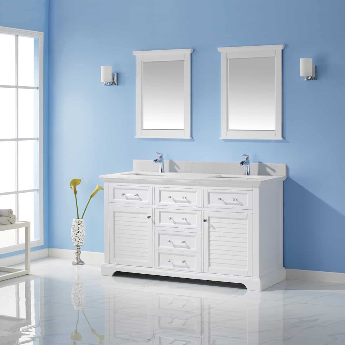 Vinnova Lorna 60 Inch White Freestanding Double Vanity With Composite Carrara White Stone Countertop With Mirror Side 783060-WH-WS
