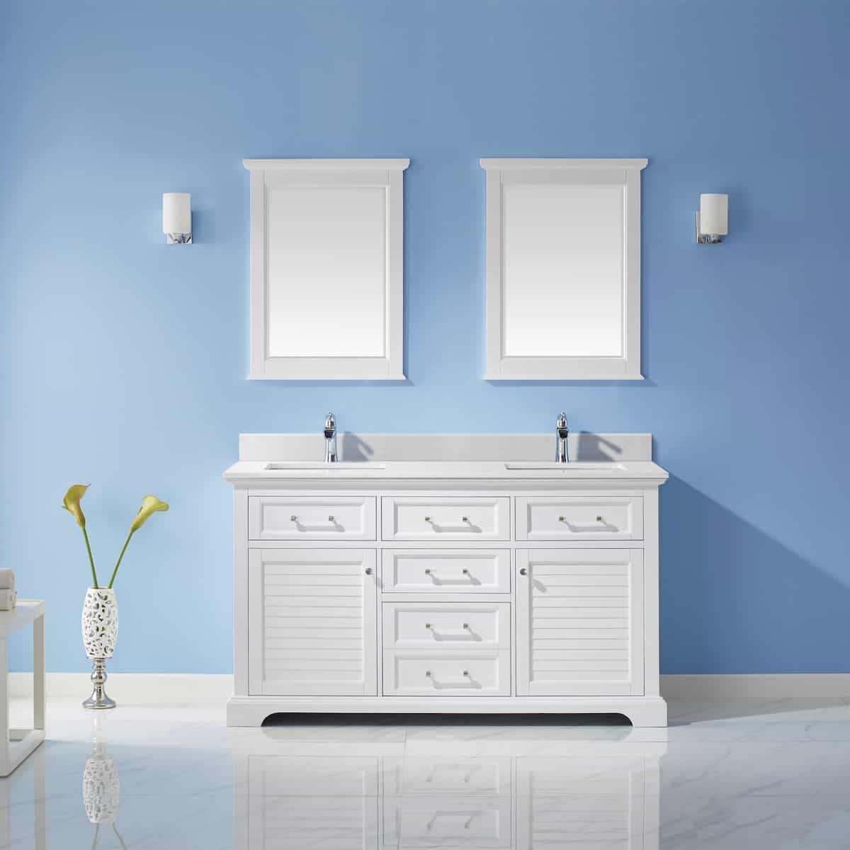 Vinnova Lorna 60 Inch White Freestanding Double Vanity With Composite Carrara White Stone Countertop With Mirror in Bathroom 783060-WH-WS