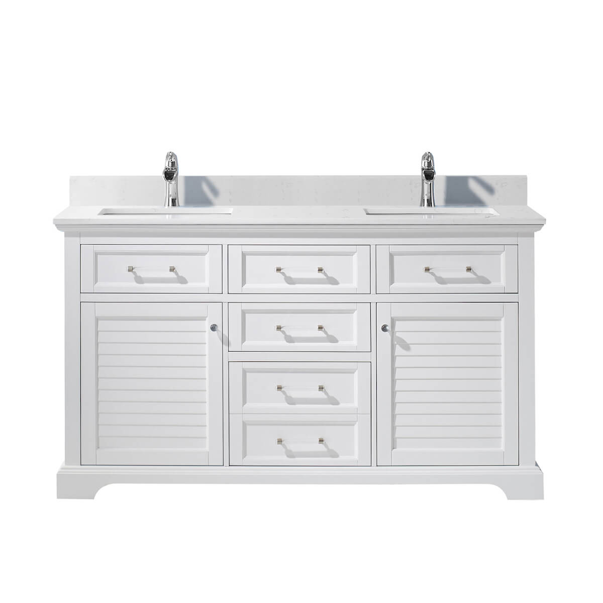 Vinnova Lorna 60 Inch White Freestanding Double Vanity With Composite Carrara White Stone Countertop Without Mirror 783060-WH-WS-NM