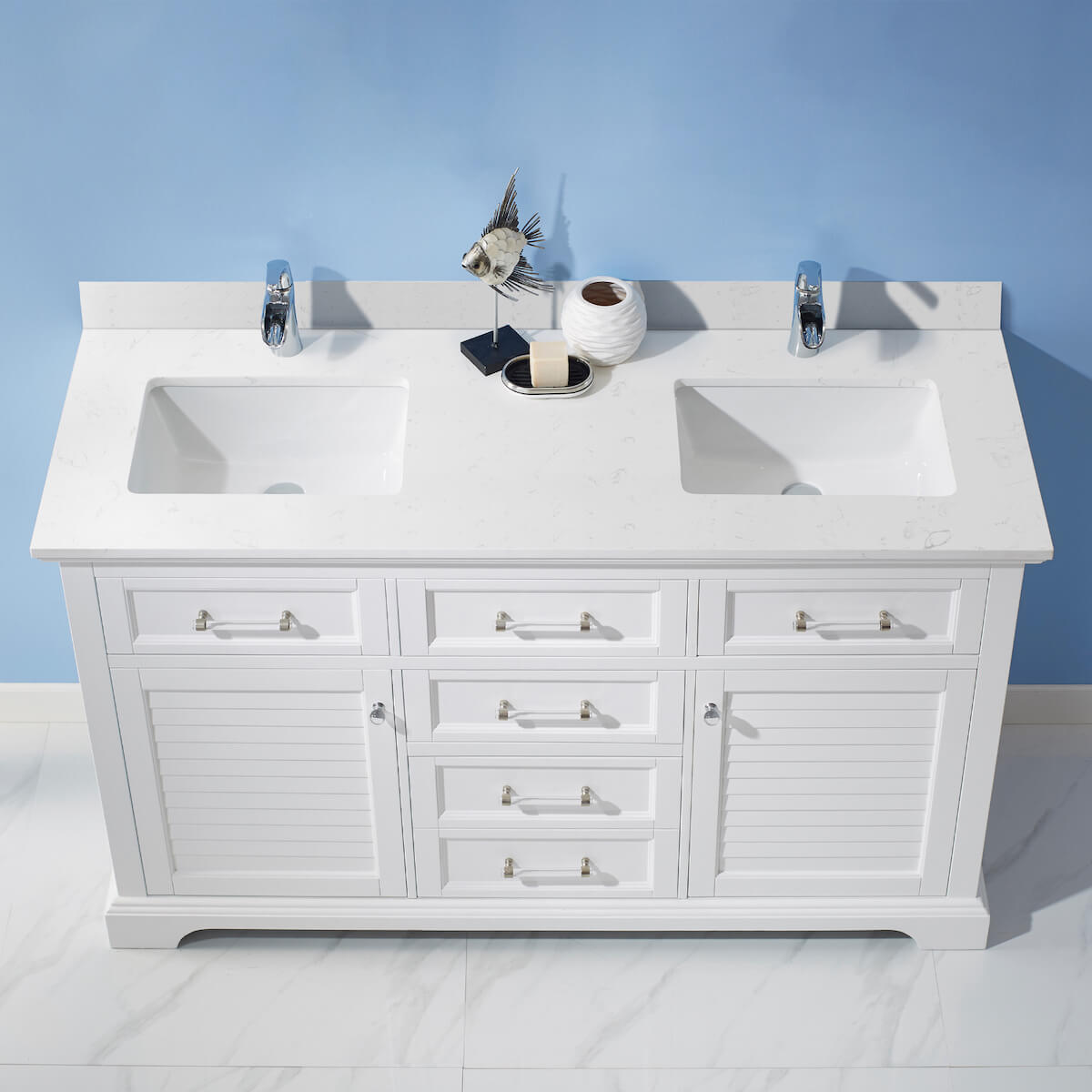 Vinnova Lorna 60 Inch White Freestanding Double Vanity With Composite Carrara White Stone Countertop Without Mirror Counter 783060-WH-WS-NM