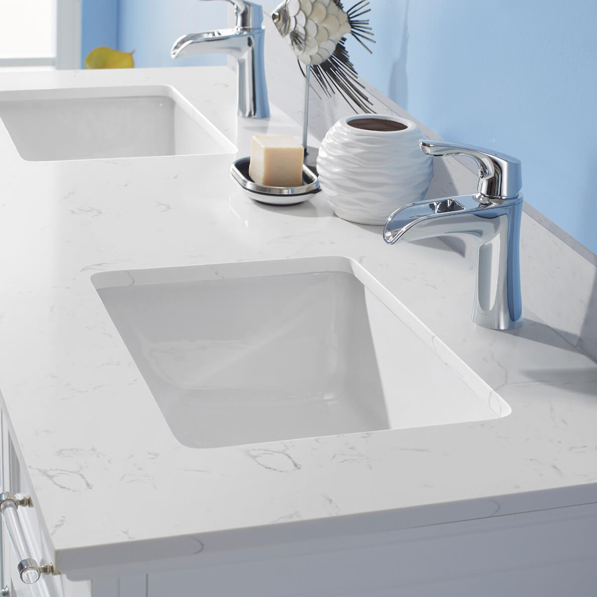 Vinnova Lorna 60 Inch White Freestanding Double Vanity With Composite Carrara White Stone Countertop Without Mirror Sinks 783060-WH-WS-NM