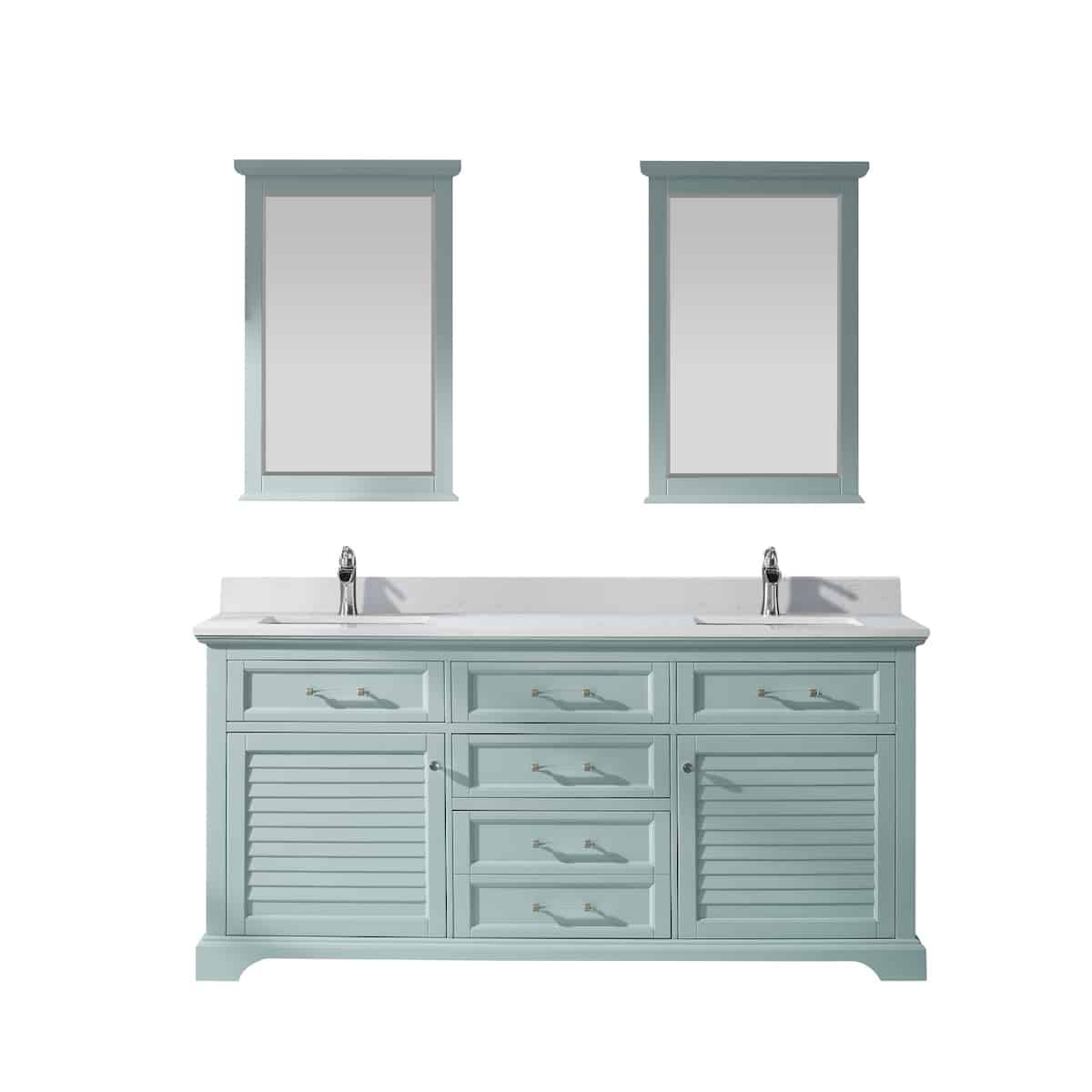 Vinnova Lorna 72 Inch Finnish Green Freestanding Double Vanity With Composite Carrara White Stone Countertop With Mirror 783072-FG-WS