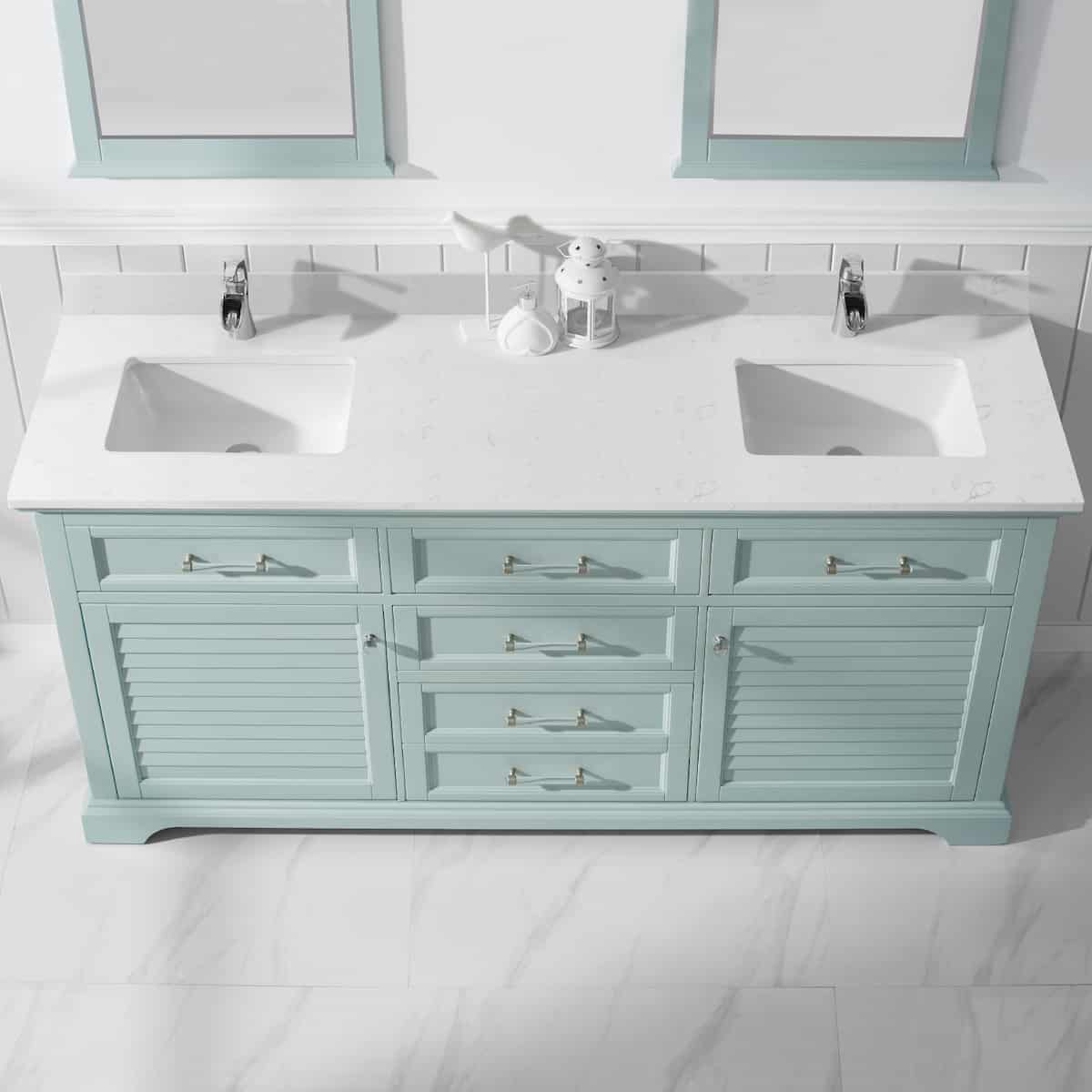 Vinnova Lorna 72 Inch Finnish Green Freestanding Double Vanity With Composite Carrara White Stone Countertop With Mirror Counter 783072-FG-WS