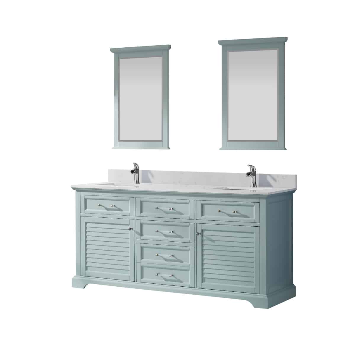 Vinnova Lorna 72 Inch Finnish Green Freestanding Double Vanity With Composite Carrara White Stone Countertop With Mirror Side 783072-FG-WS