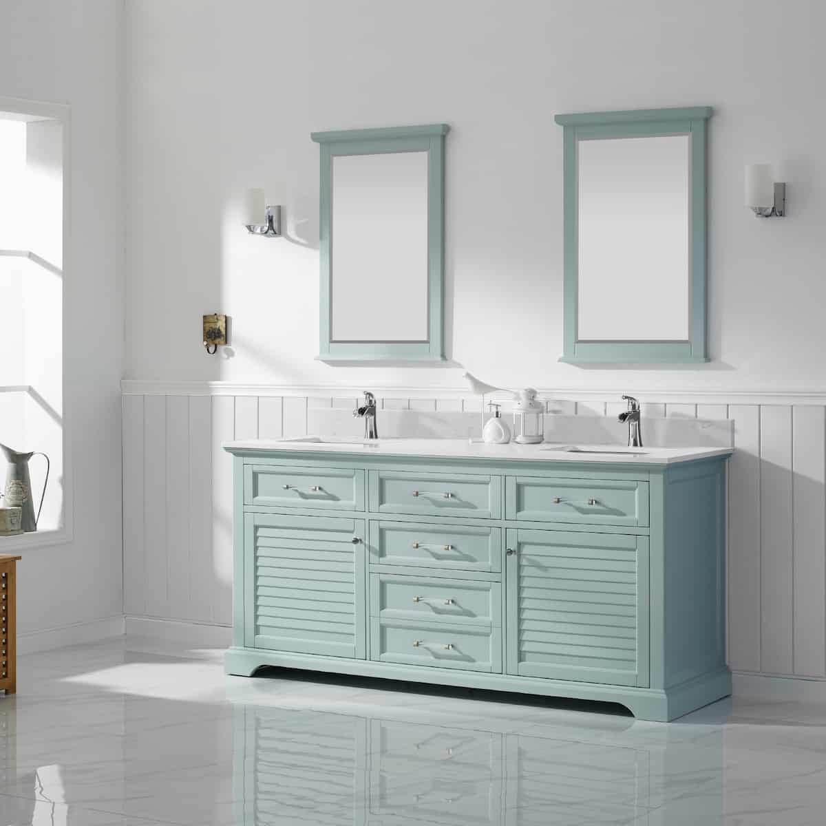 Vinnova Lorna 72 Inch Finnish Green Freestanding Double Vanity With Composite Carrara White Stone Countertop With Mirror Side 783072-FG-WS