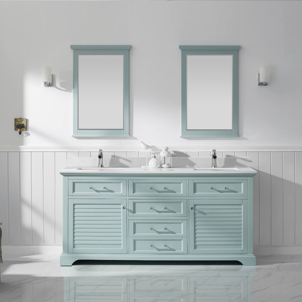Vinnova Lorna 72 Inch Finnish Green Freestanding Double Vanity With Composite Carrara White Stone Countertop With Mirror in Bathroom 783072-FG-WS