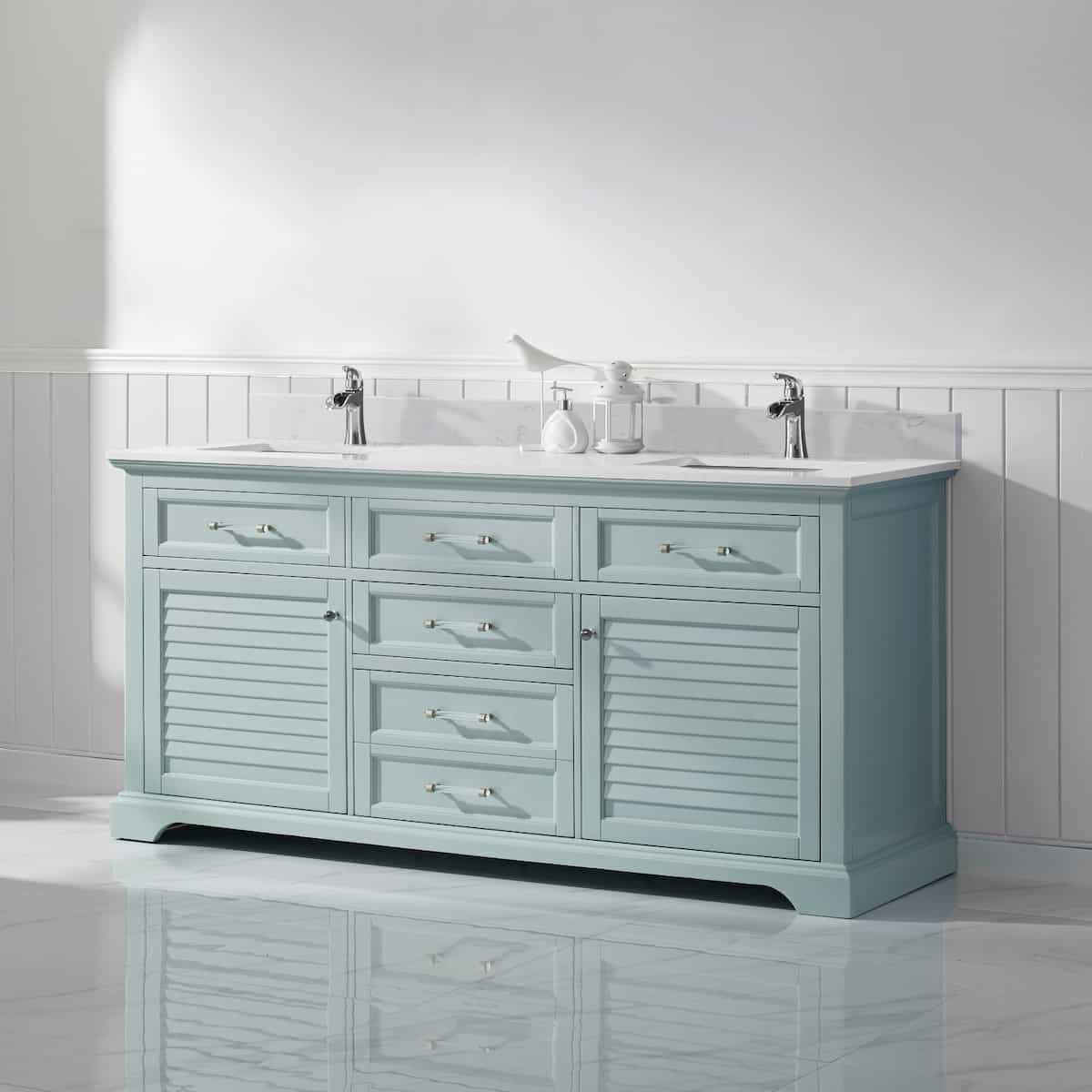 Vinnova Lorna 72 Inch Finnish Green Freestanding Double Vanity With Composite Carrara White Stone Countertop Without Mirror Side 783072-FG-WS-NM