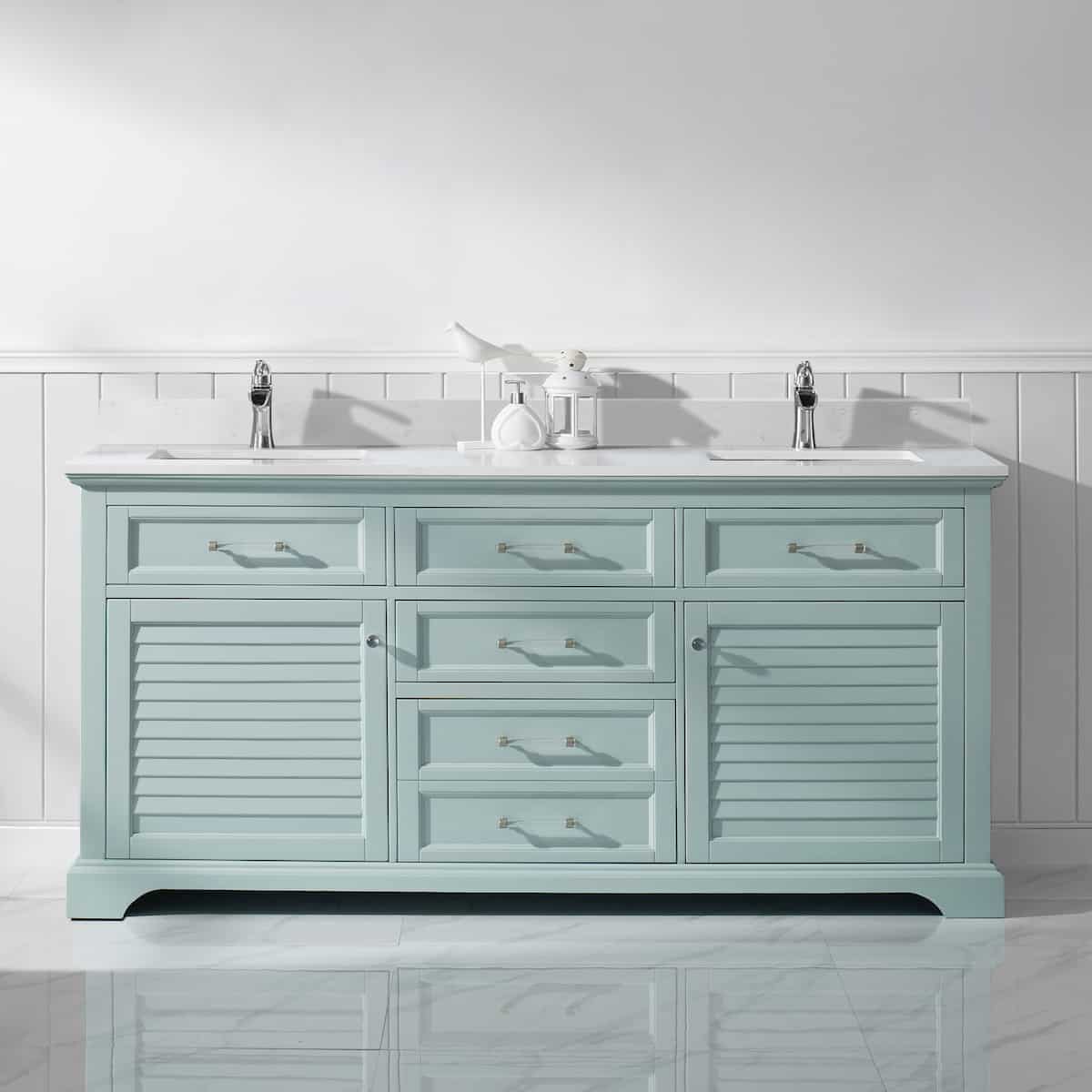 Vinnova Lorna 72 Inch Finnish Green Freestanding Double Vanity With Composite Carrara White Stone Countertop Without Mirror in Bathroom 783072-FG-WS-NM