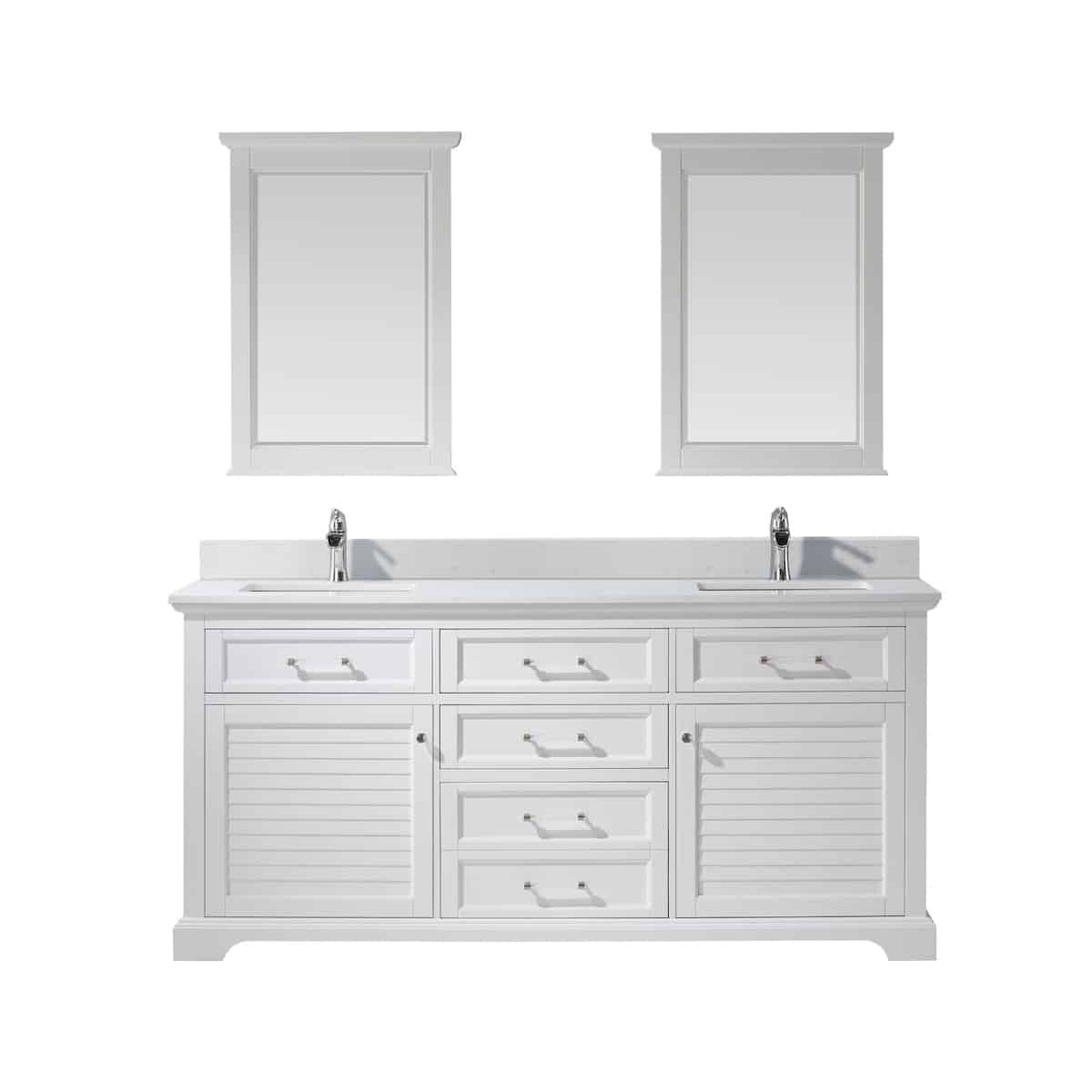 Vinnova Lorna 72 Inch White Freestanding Double Vanity With Composite Carrara White Stone Countertop With Mirror 783072-WH-WS