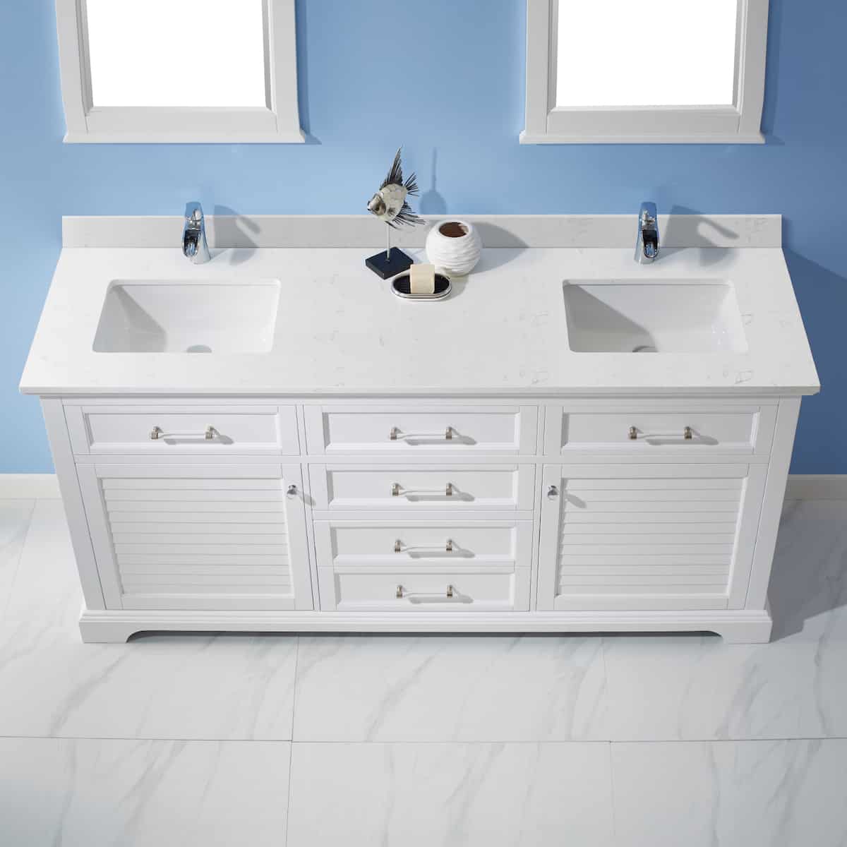 Vinnova Lorna 72 Inch White Freestanding Double Vanity With Composite Carrara White Stone Countertop With Mirror Counter 783072-WH-WS