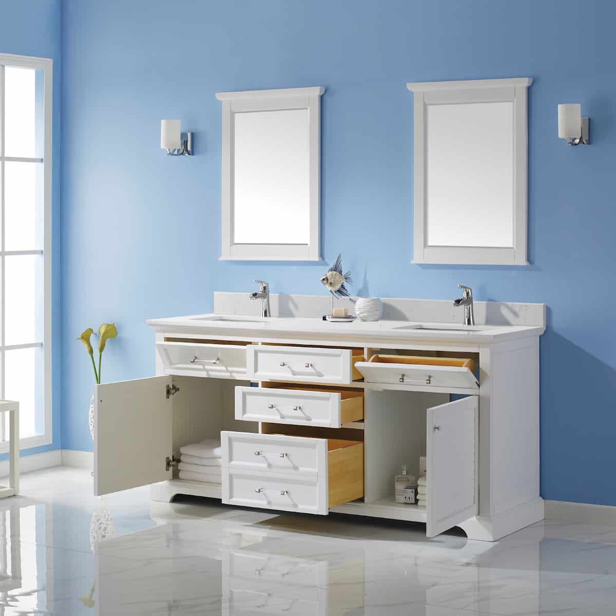 Vinnova Lorna 72 Inch White Freestanding Double Vanity With Composite Carrara White Stone Countertop With Mirror Inside 783072-WH-WS