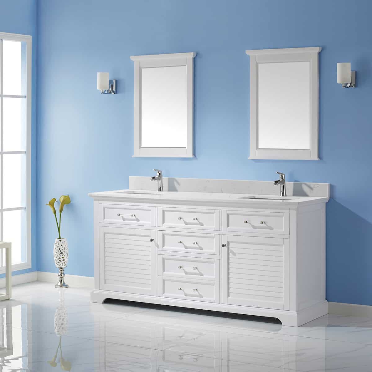 Vinnova Lorna 72 Inch White Freestanding Double Vanity With Composite Carrara White Stone Countertop With Mirror Side 783072-WH-WS