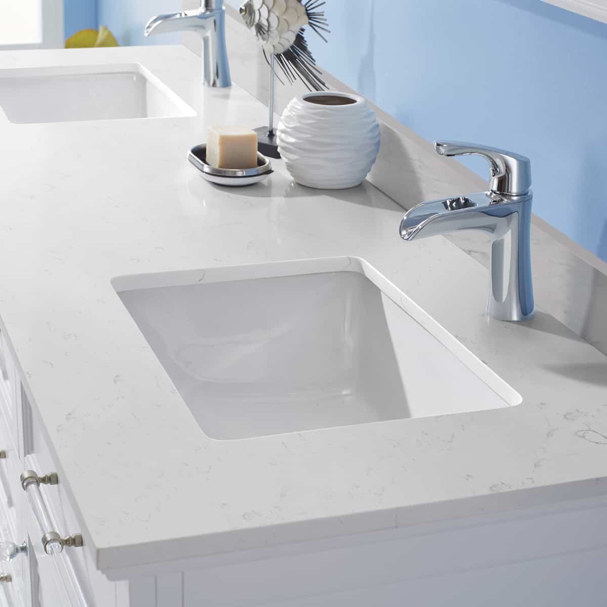 Vinnova Lorna 72 Inch White Freestanding Double Vanity With Composite Carrara White Stone Countertop With Mirror Sinks 783072-WH-WS
