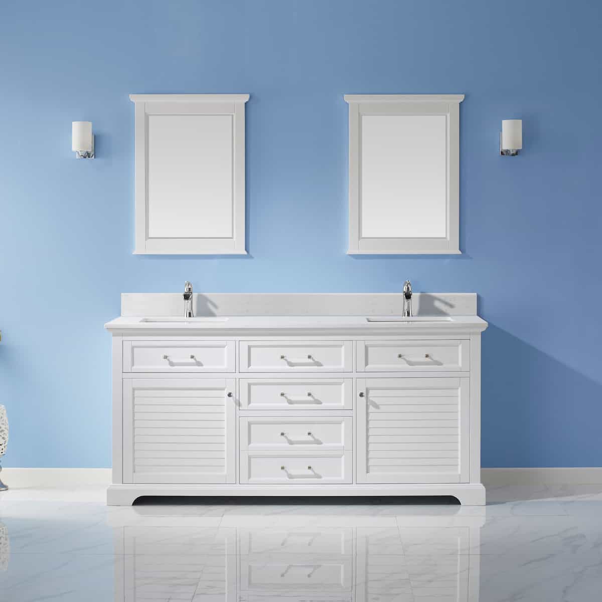 Vinnova Lorna 72 Inch White Freestanding Double Vanity With Composite Carrara White Stone Countertop With Mirror in Bathroom 783072-WH-WS
