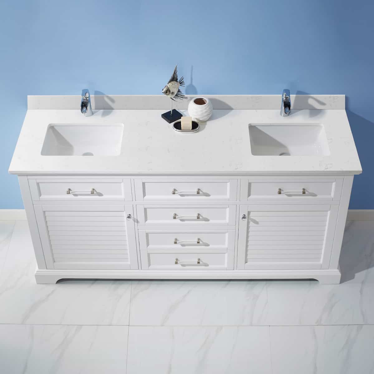 Vinnova Lorna 72 Inch White Freestanding Double Vanity With Composite Carrara White Stone Countertop Without Mirror Counter 783072-WH-WS-NM