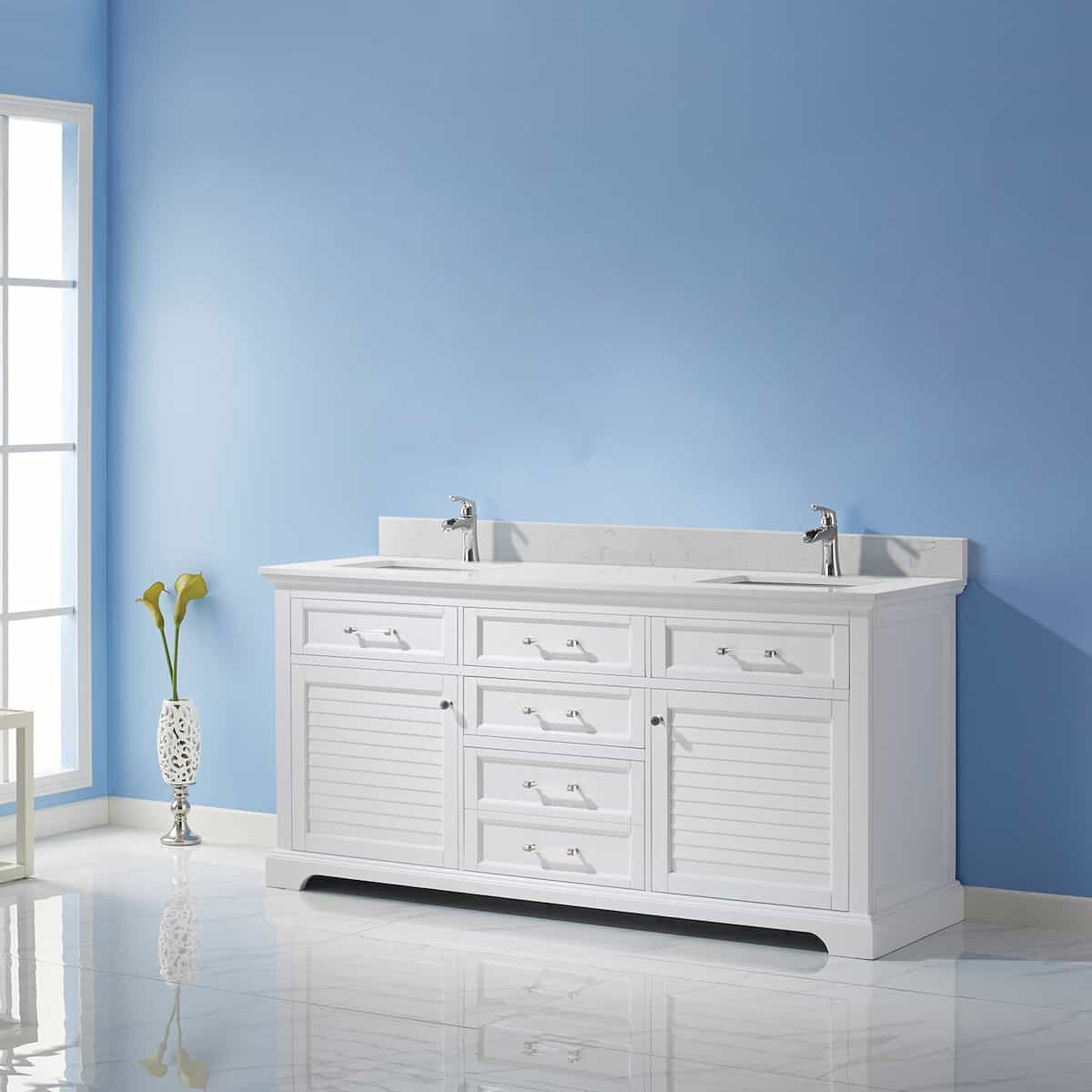 Vinnova Lorna 72 Inch White Freestanding Double Vanity With Composite Carrara White Stone Countertop Without Mirror Side 783072-WH-WS-NM