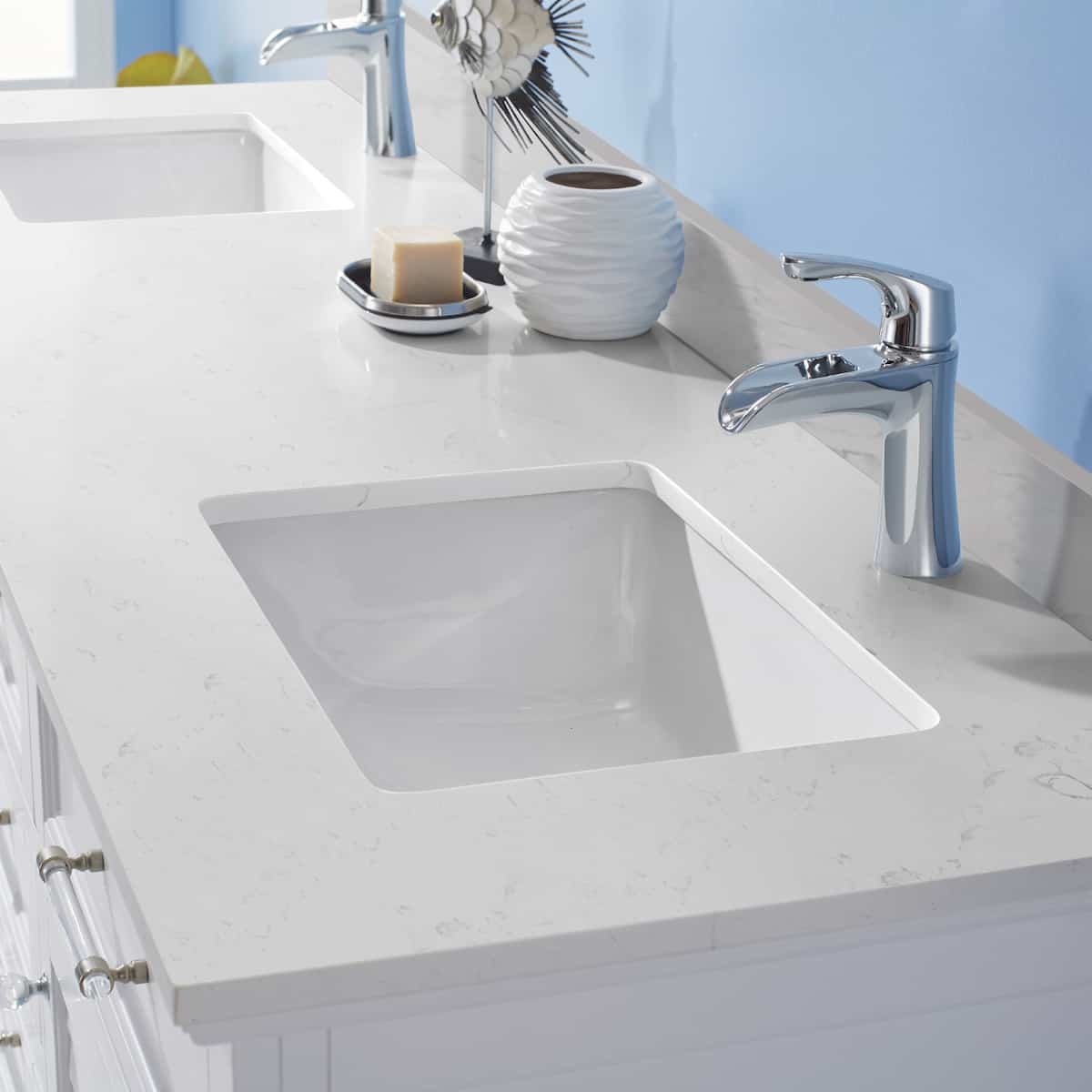 Vinnova Lorna 72 Inch White Freestanding Double Vanity With Composite Carrara White Stone Countertop Without Mirror Sinks 783072-WH-WS-NM