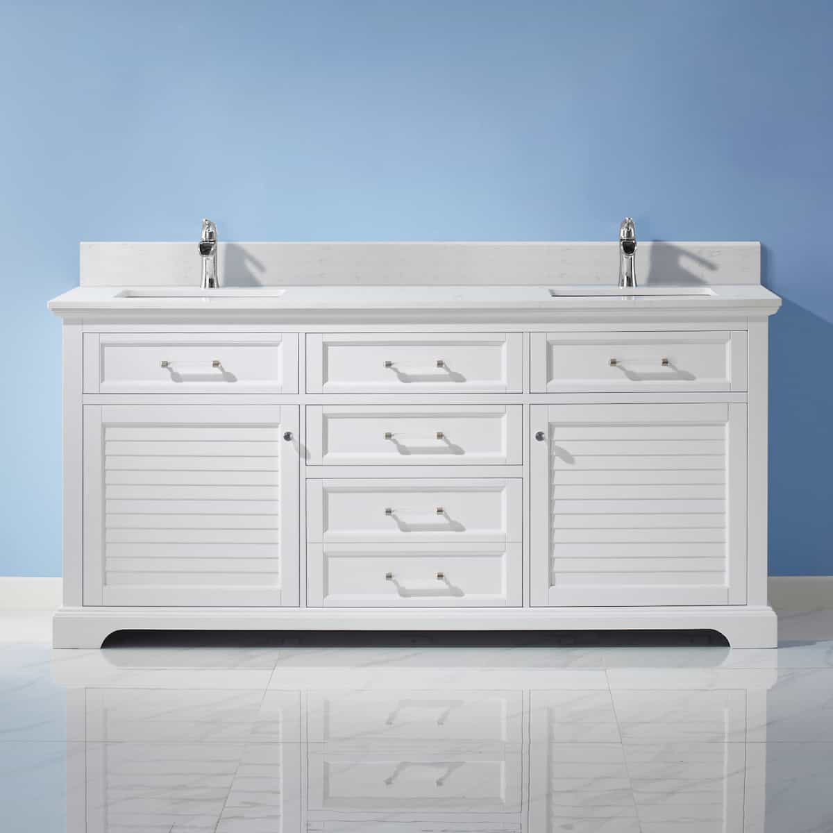 Vinnova Lorna 72 Inch White Freestanding Double Vanity With Composite Carrara White Stone Countertop Without Mirror in Bathroom 783072-WH-WS-NM