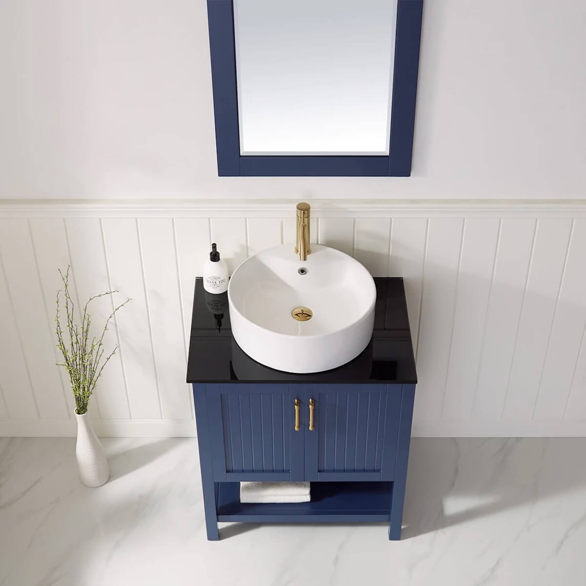 Vinnova Modena 28” Royal Blue Freestanding Single Vanity with Glass Countertop and White Vessel Sink With Mirror Counter 756028-RB-BG