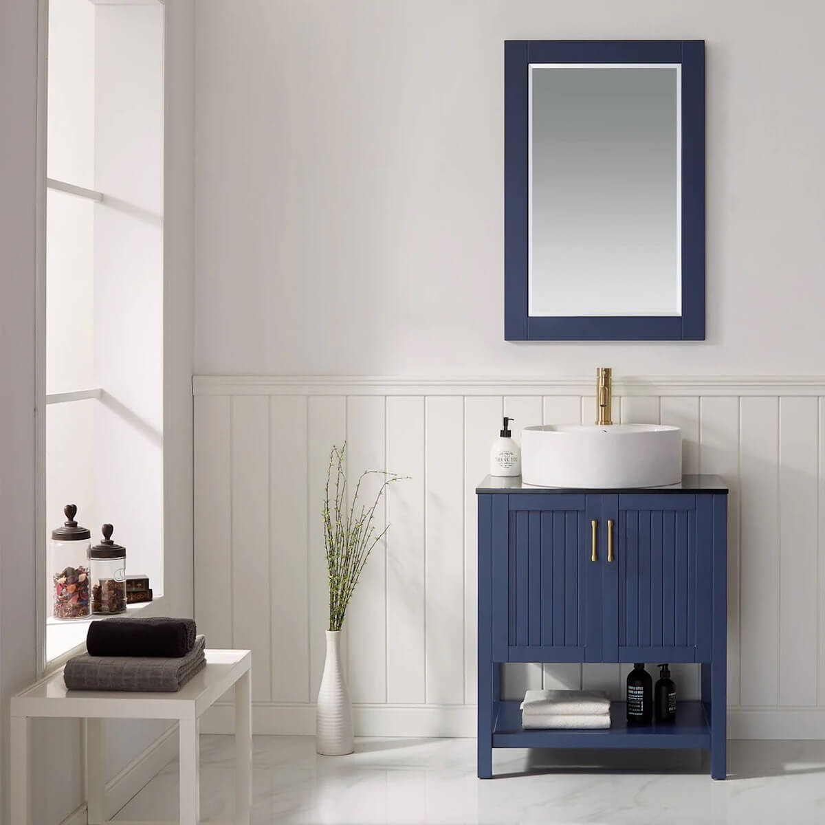 Vinnova Modena 28” Royal Blue Freestanding Single Vanity with Glass Countertop and White Vessel Sink With Mirror in Bathroom 756028-RB-BG