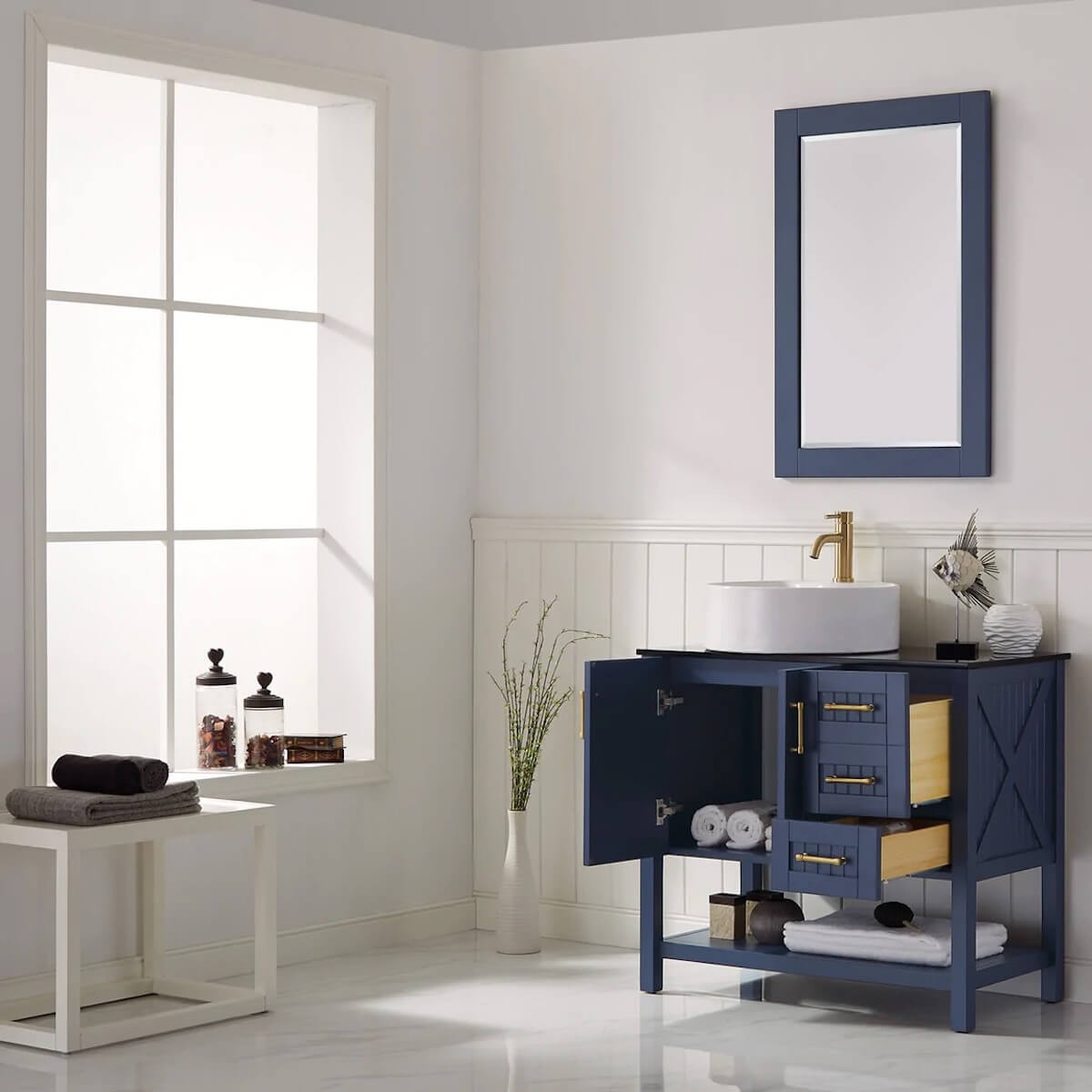 Vinnova Modena 36 Inch Royal Blue Freestanding Single Vanity with Glass Countertop and White Vessel Sink With Mirror Inside 756036-RB-BG