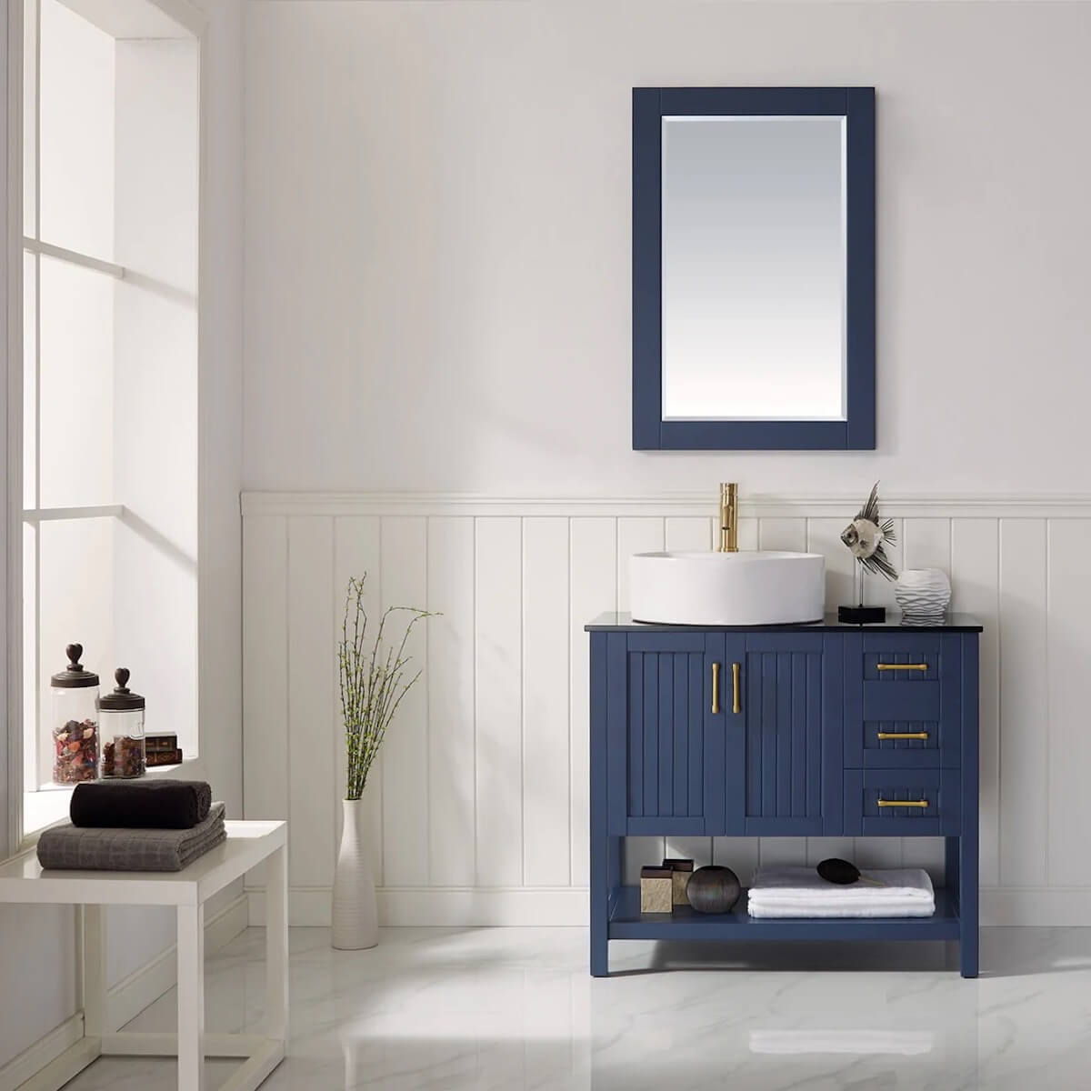 Vinnova Modena 36 Inch Royal Blue Freestanding Single Vanity with Glass Countertop and White Vessel Sink With Mirror in Bathroom 756036-RB-BG