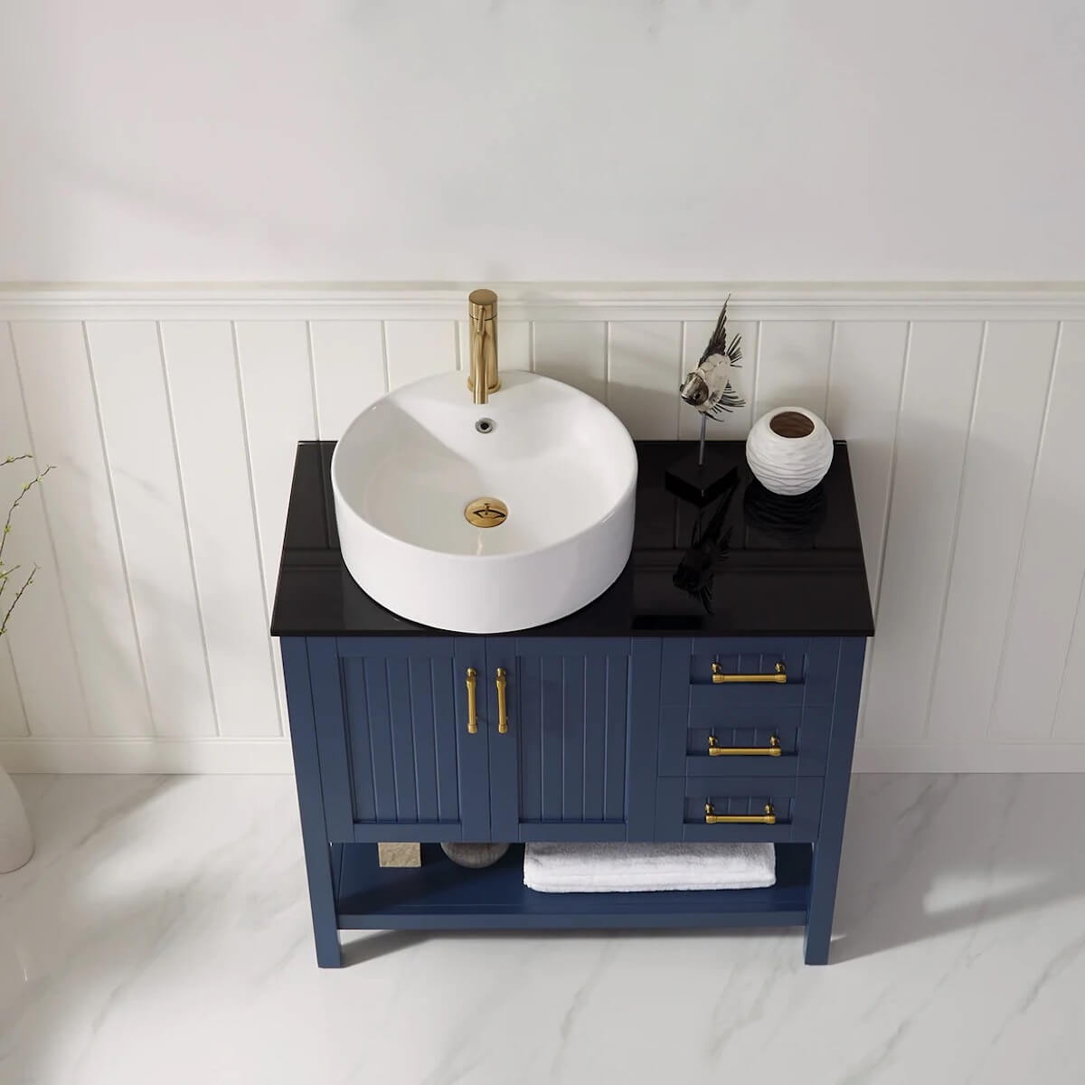  Vinnova Modena 36 Inch Royal Blue Freestanding Single Vanity with Glass Countertop and White Vessel Sink Without Mirror Counter 756036-RB-BG-NM