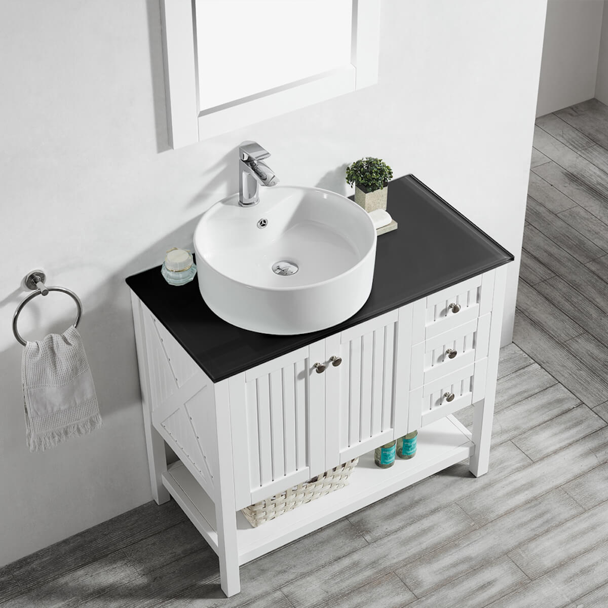 Vinnova Modena 36 Inch White Freestanding Single Vanity with Glass Countertop and White Vessel Sink With Mirror Counter and Sink 756036-WH-BG