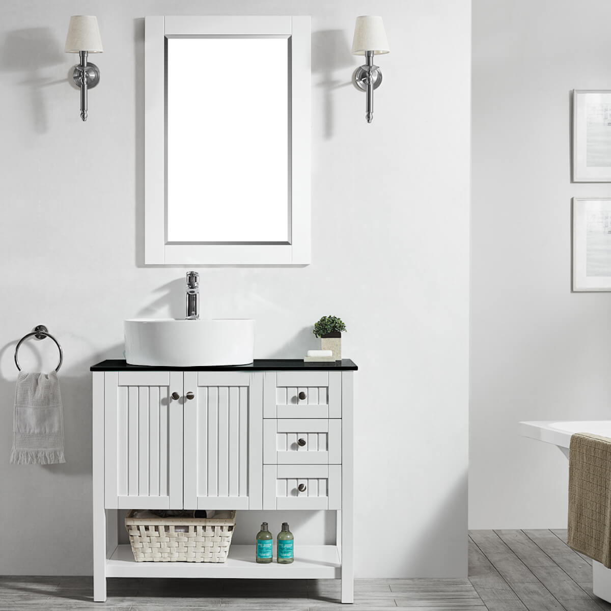 Vinnova Modena 36 Inch White Freestanding Single Vanity with Glass Countertop and White Vessel Sink With Mirror in Bathroom 756036-WH-BG